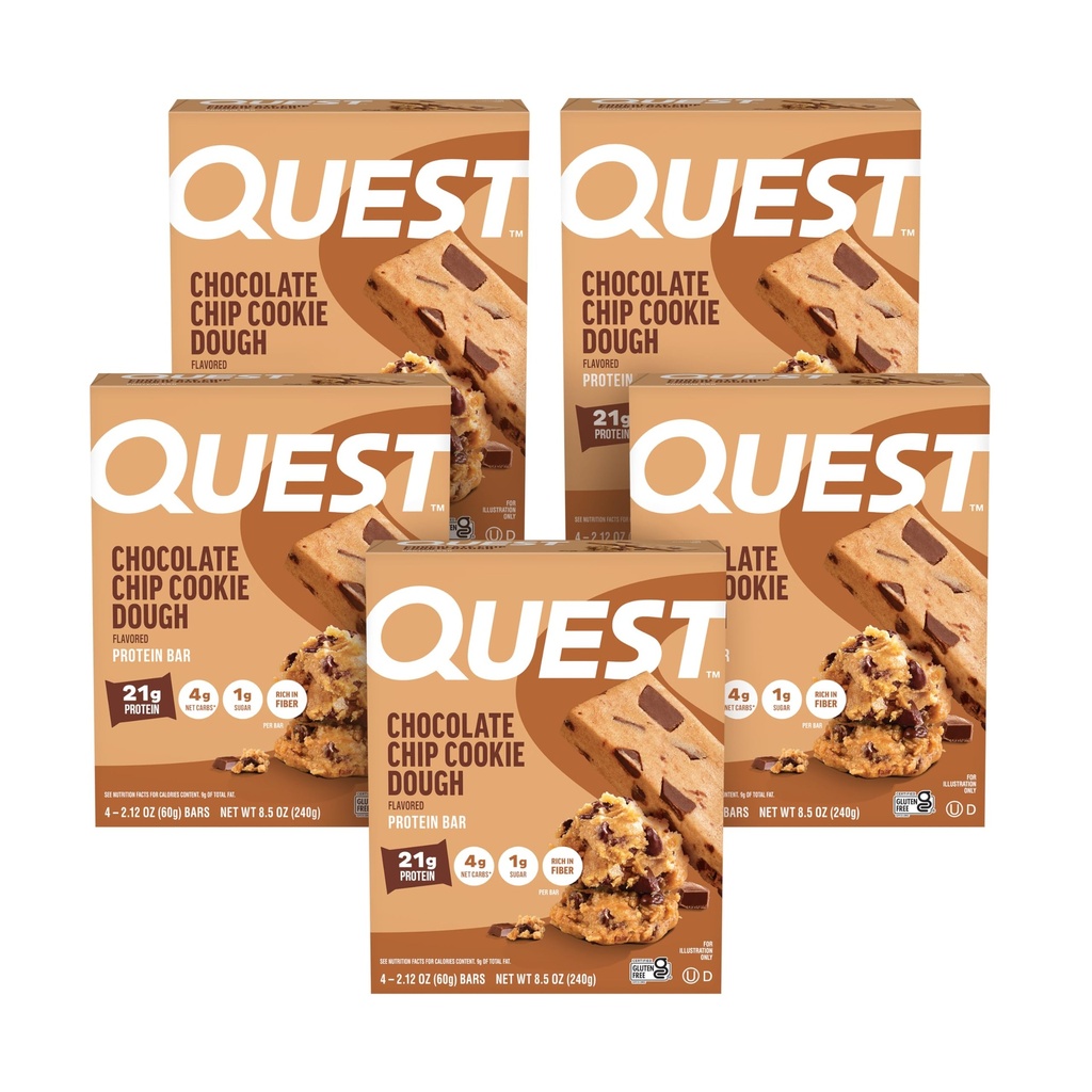 Quest Nutrition Chocolate Chip Cookie Dough - vysoký obsah bielkovín, nízky obsah tuku, bez lepidla, Keto Friendly, 2.12 Oz, 20 gróf (4 balenia po 5)