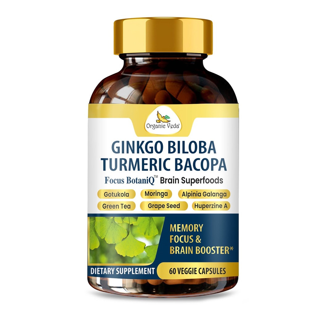 Organické Veda Ginkgo Biloba Turmerica Bacopa Brain Supplement for Memory, Mood & Focus with Ashwagandha - Koncentrácia, Energy & Brain Booster, zdravé kĺby a podpora obehu - 60 Vegan Kapsule