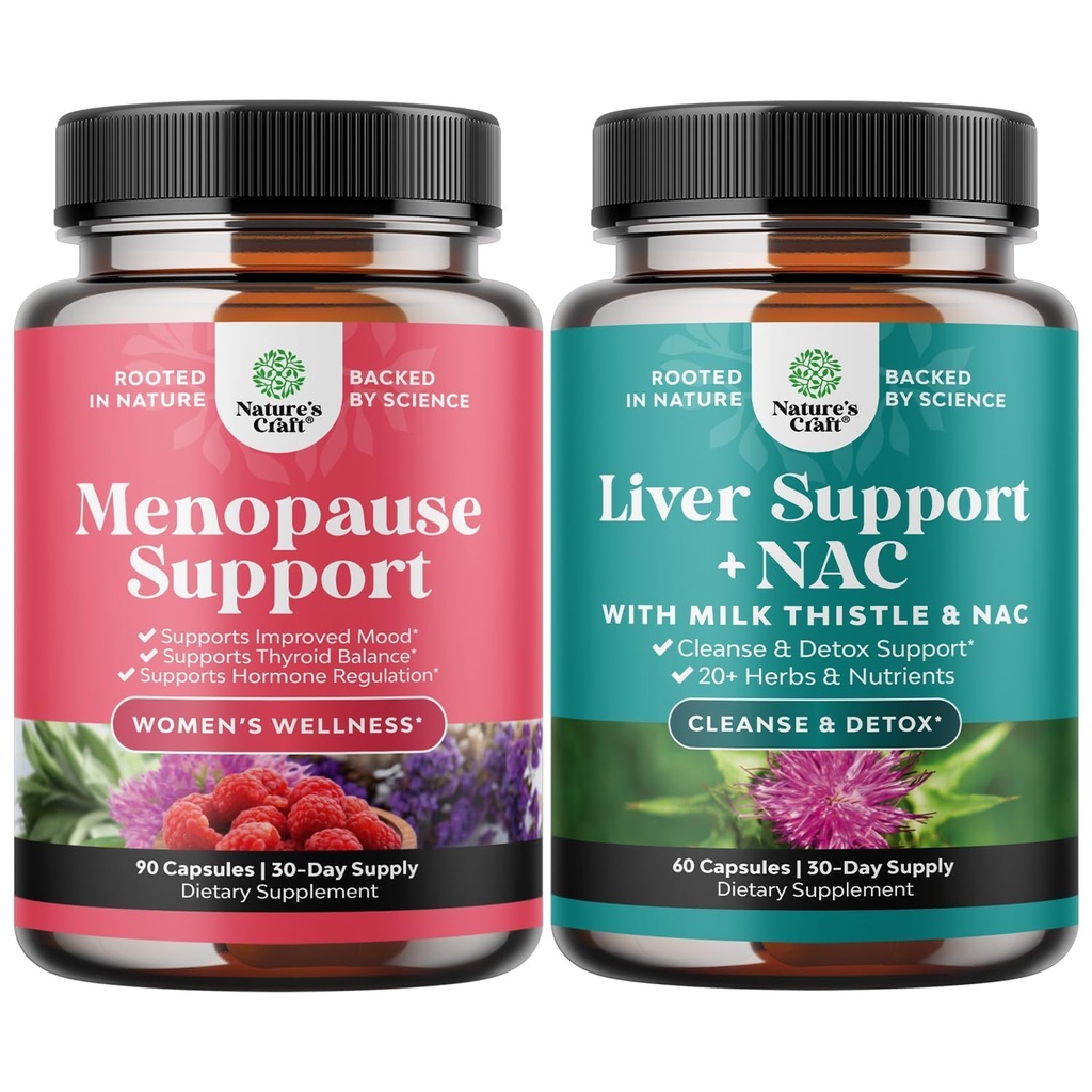 Bundle of Menopauza Supplement for Women with Dong Quai, Vitex Chaste Berry & Black Cohosh a podpora pečene NAC Supplement with Milk Thitle, Artičok, Choline & Cvikle for Detox & Repair