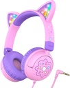 iClever Kids Slúchadlá Cat ucho, LED svetlo hore, 85dBA bezpečný objem, Stereo zvuk Batoľa Slúchadlá pre cestovanie školy, Foldable 3,5mm Wired Kids Slúchadlá pre iPad tablety, Meow Lollipop -Pink