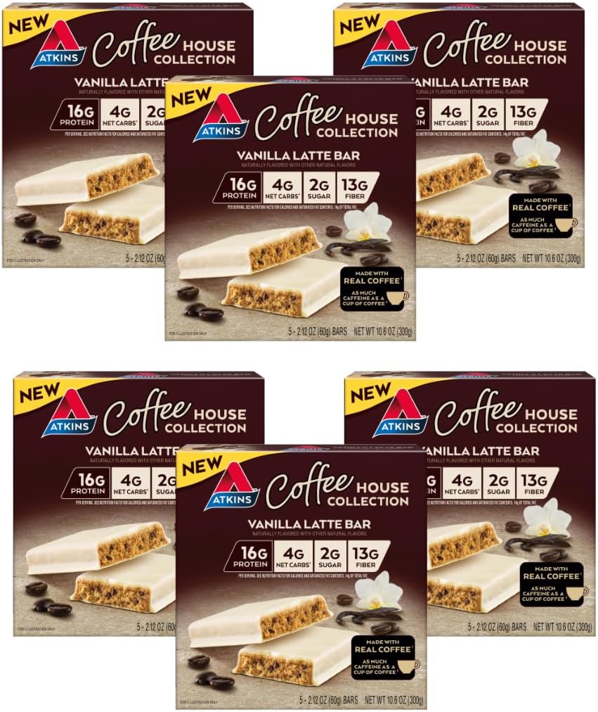 Atkins Coffee House Meal Bar, Vanilla Latte, 16g Protein, 4g Net Carbs, 2g Cukor, 13g Fiber, Made with Real Coffee, 5 gróf (Pack of 6)