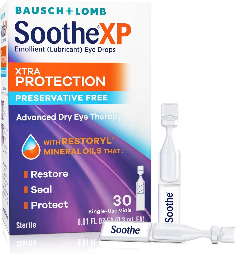 Soothe XP konzervative Free Eye Drops, Xtra Protection Mazacie očné kvapky pre suché oči, Relives Irritation & Chráni pred stratou líc, Advanced Suché očné terapie, jedno použitie injekčné liekovky, 30 Počet