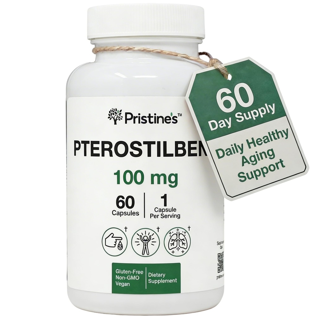 Pristinine Pterostilbene 100 mg Anti Aging Supplement Kapsule - 60-dňový zdroj - Antioxidant pre zdravie pľúc a duševnú zrozumiteľnosť - vysoká biologická dostupnosť Vegan Non GMO