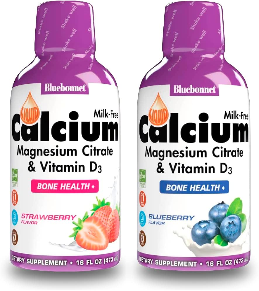 Bluebonnet Nutrition Liquid Calcium Citrate Magnézium Citrate, Vitamín D3- Bundle of Blueberry flavor and Jahodová príchuť, 2 fľaša 16 Fl Oz Each (32 Fl Oz celkom)