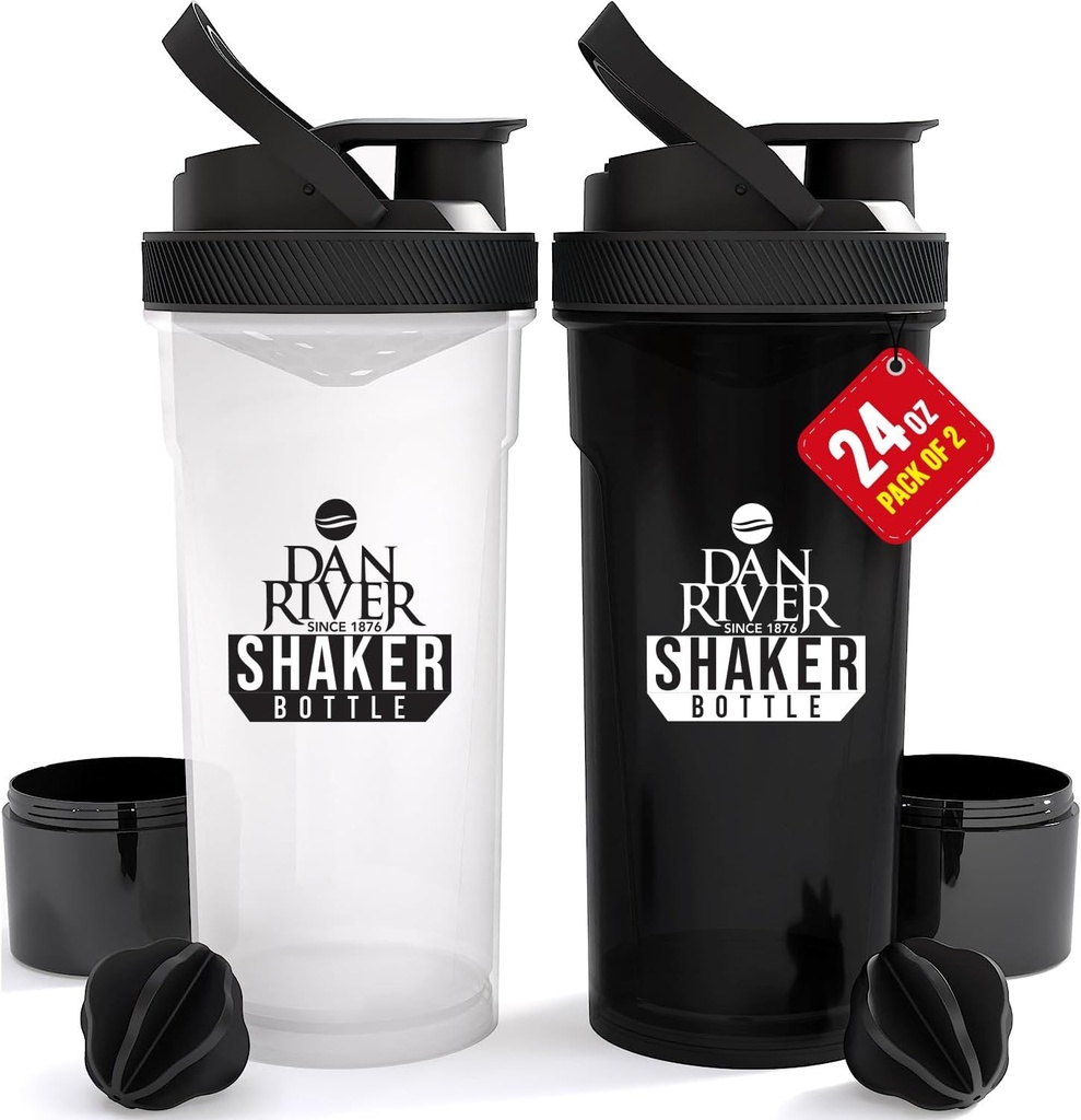 DAN RIVER 2-pack Shaker Bottle 24oz Plastic Protein Shaker & Mixer 