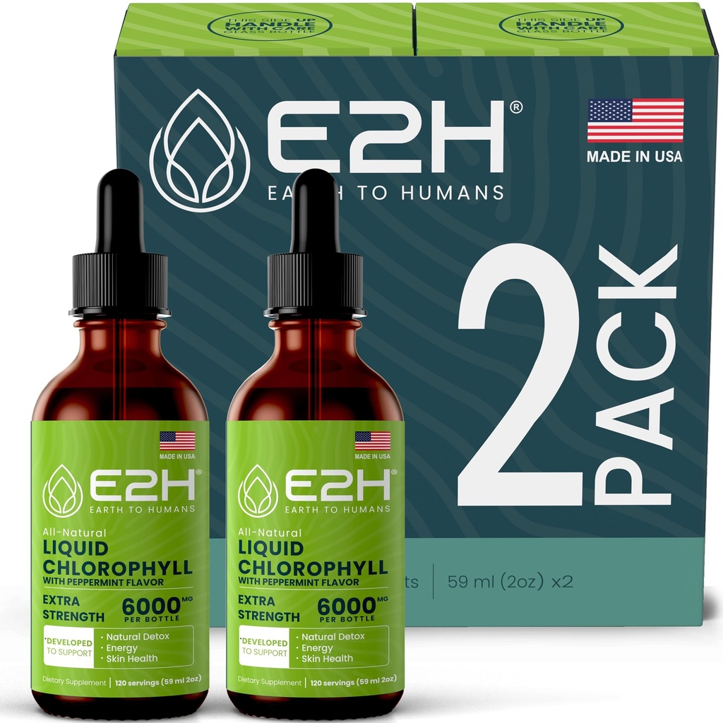 E2H Chlorofyl Tekuté kvapky - Natural Energy Booster, Immune System Support and Internal Deodorant - Peppermint Flavor - (2 fľaše)