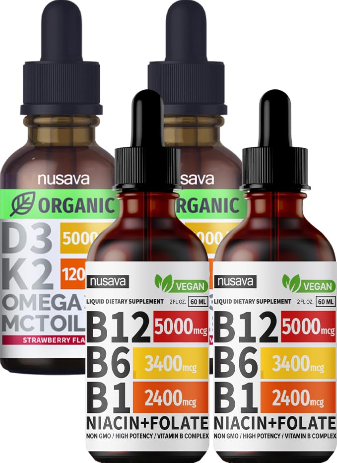 NUSAVA Vitamín B12 Tekuté kvapky a jahodové ochutené D3 K2 Bundle - Silné kvapalné vitamíny pre srdce, kĺb, energia, a imunitná podpora - non-GMO, bez lepidla, 2pk Každý