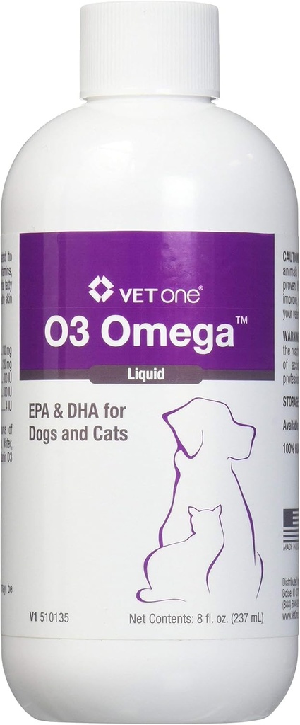 Vet One O3 Omega Liquid EPA & DHA pre psy a mačky - Skin & Coat Supplement - Podpora imunitného systému a spoločného zdravia - 8 oz