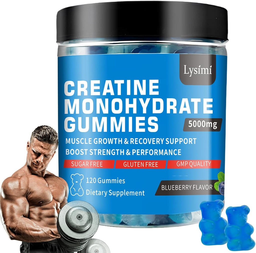 Kreatinové monohydráty Gummy - 5g kreatínmonohydrátu na serving-Zvýšiť silu a budovať svalovinu, bez cukru, Vegan, čučoriedková príchuť, Každá fľaša/120 Kapsule, pre mužov a ženy (1)