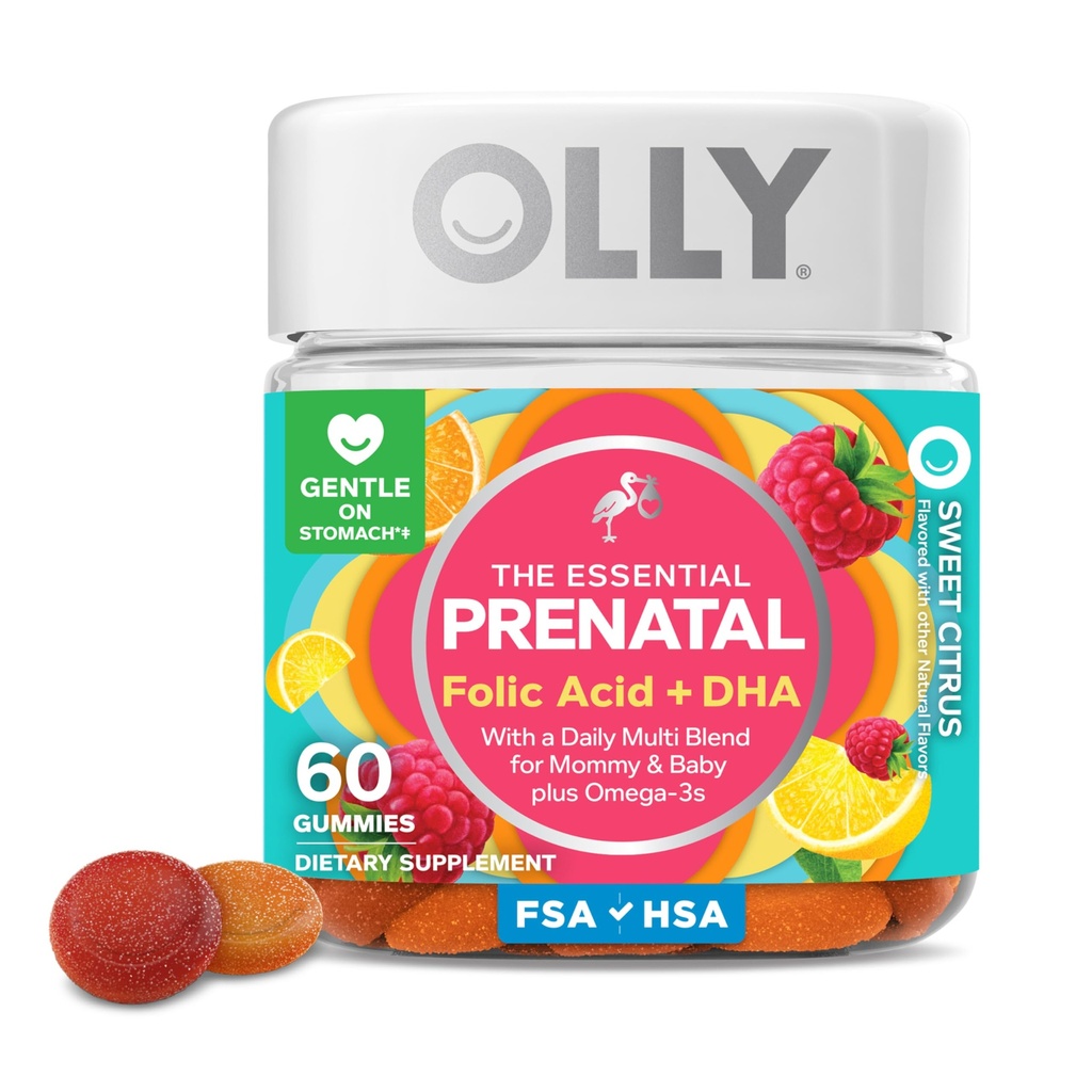 OLLY prenatálny multivitamín Gummy, podporuje zdravý rast a rozvoj mozgu, kyselina listová, vitamín D, Omega 3 DHA, žuvacie doplnok, Citrus Berry Flavor, 30 Day Supply - 60 Počet