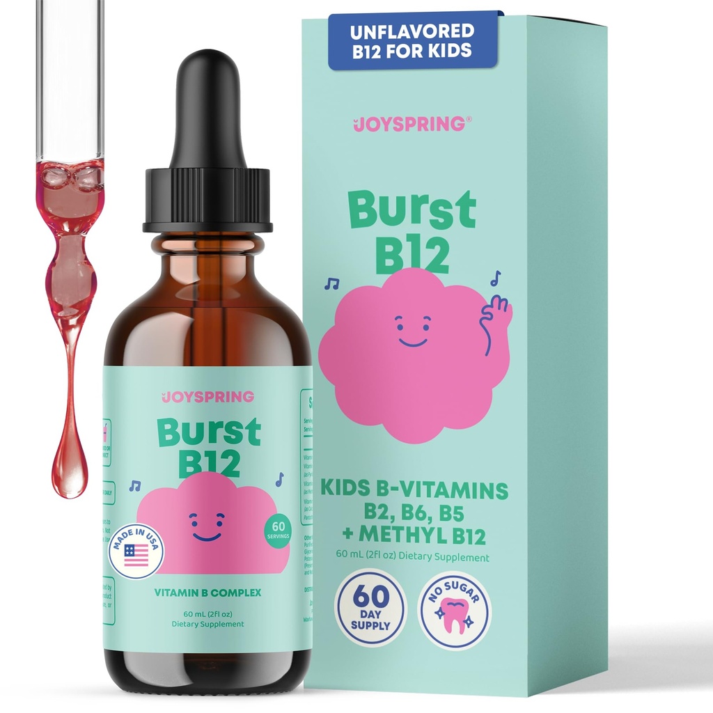 JoySpring Burst B12 kvapky - vitamín B komplex pre deti (2 fl oz) B2, B6, B5 + metylkobalamín B12 Detské doplnky na podporu zdravého rastu a vývoja, Vegan B12, vek 2-16+ 