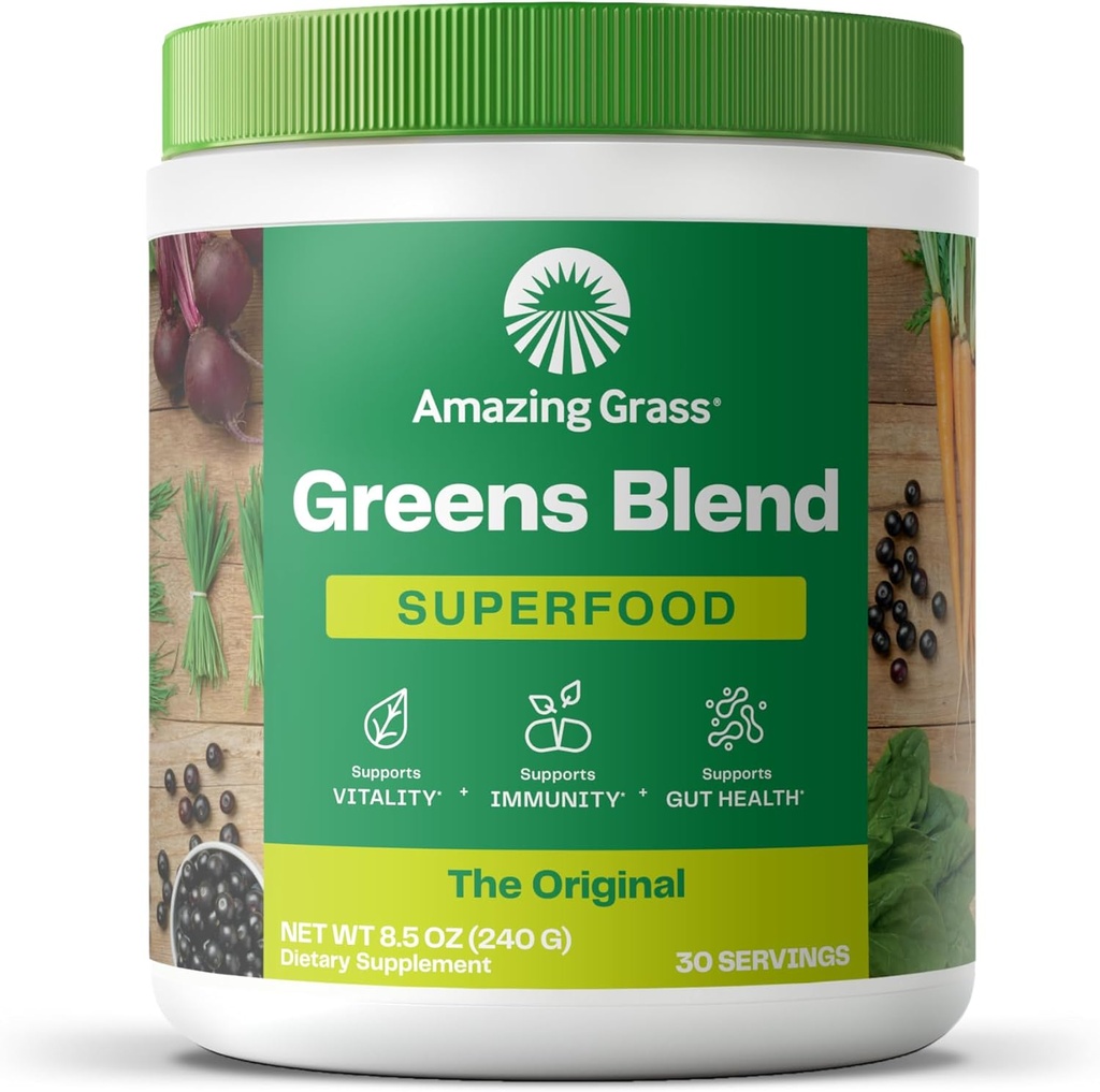 Amazing Grass Greens Blend Superfood: Greens Powder Mix for Energy, s organickým Spirulina, Chlorella, Beet Root Powder, Digestive Enzymes & Probiotiká, Original, 30 Servings (Packaging May Vary)