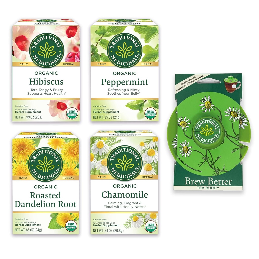 Tradičné lieky, Organické odrody balenia pre wellness v štyroch upokojujúce chute, Obsahuje mäta pieporná, harmanček, Hibiscus, Pražený púpava koreňov, čaj Buddy, 64 Čajové tašky, (4 balenia)