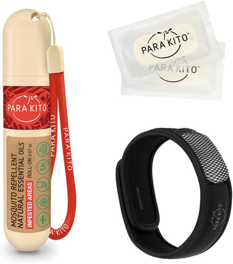 PARA'KITO Mosquito Repelent Bundle, 1 Mosquito Repellent Bracelet, 1 Roll-on Gel, Bug Repelent Bracelets, Wearable Mosquito Repelent Devices, Black
