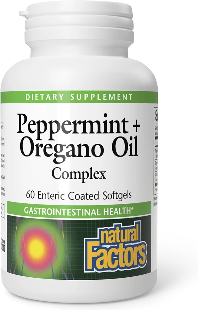 Prírodné faktory, Peppermint & Oregano Oil Complex, Tráviaca pomoc pre Gastrointestinálne zdravie, 60 softgels