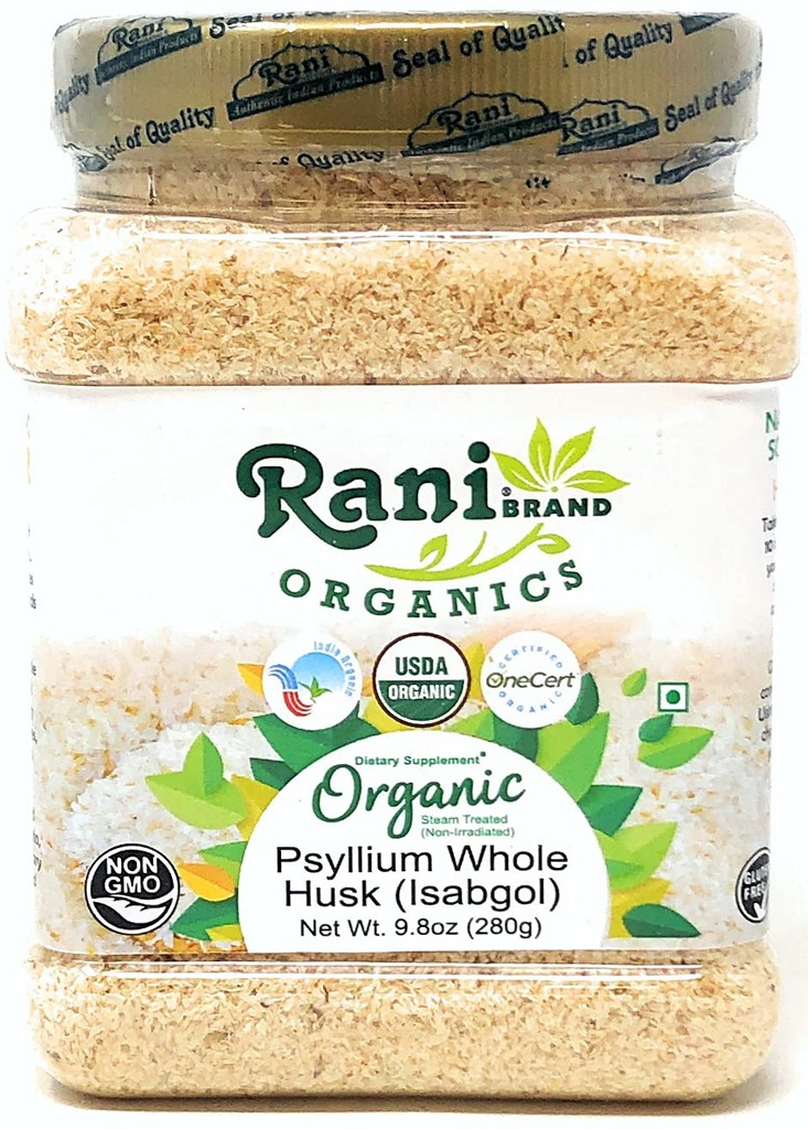 Rani Organics Psyllium Whole Husk Powder (Isabgol), Dietary Fiber Supplement, USDA Organic 9.8oz (280g) PET Jar ~ All Natural 