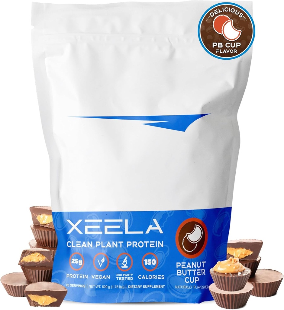 XEELA Plant Based Vegánsky Protein Powder - Nezávisle testované - 25g High Protein, Pea Protein for Men & Women - Vitamíny a minerály, Non GMO, Dairy & Gluten Free, LowCarb & LowFat (Peanut Butter Cup)