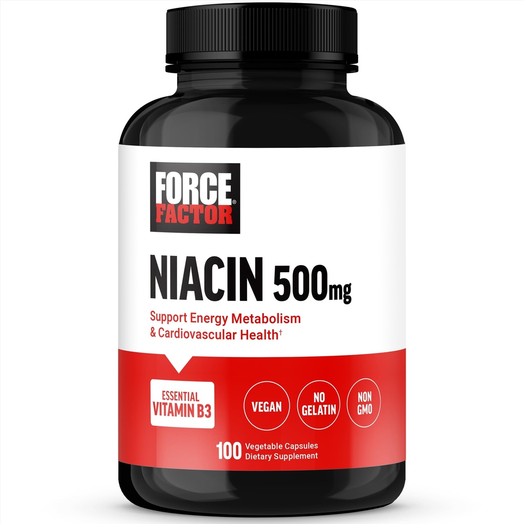 Silový faktor Niacín Vitamín B3 na podporu bunkovej energie a kardiovaskulárneho zdravia, Niacín 500 mg Srdcovo-zdravotné doplnky, Vegán, žiadna želatína, non-GMO, 100 Rastlinné kapsuly
