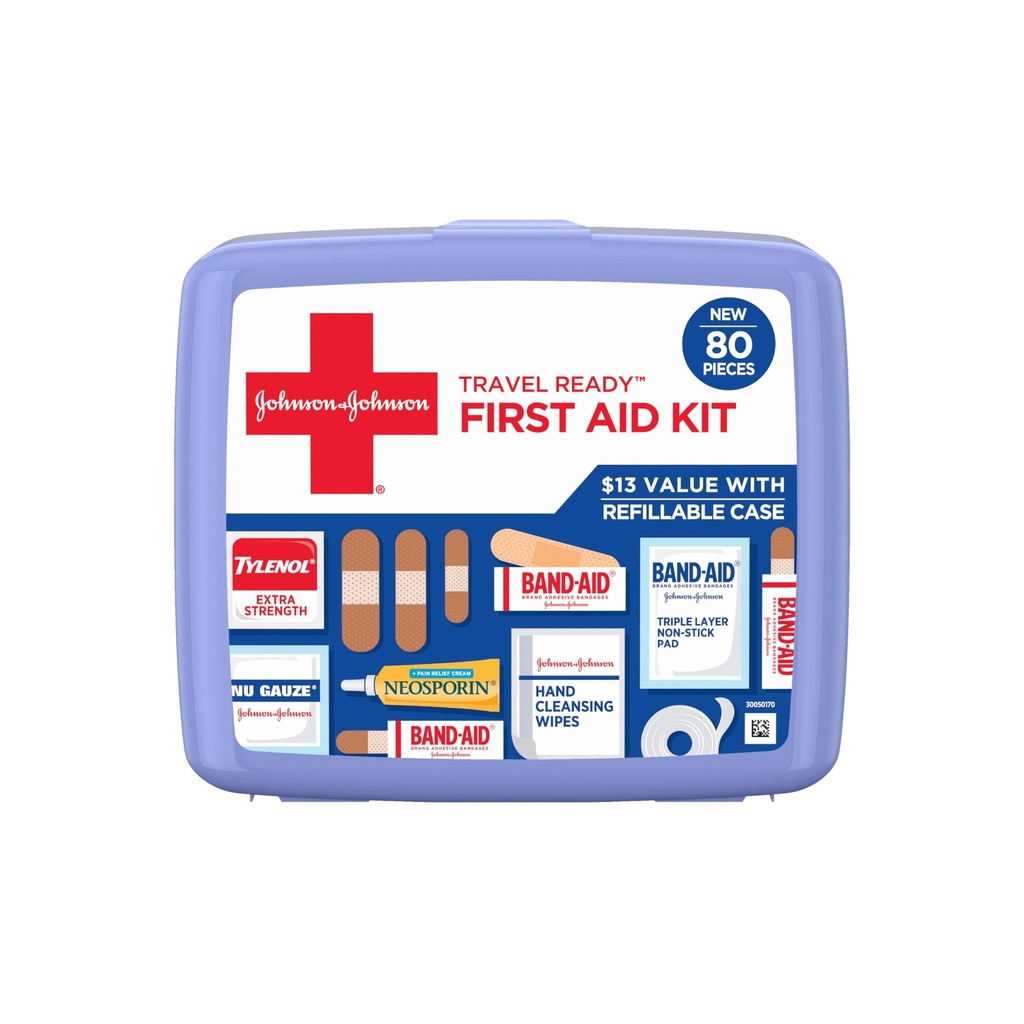 BAND-AID Brand Travel Ready Portable Emergency First Assistance Kit for Minor Wound Care, Perfect for Home, Car, Travel, Camping Essentials & Outdoor Emergency Kit, 80 Pieces
