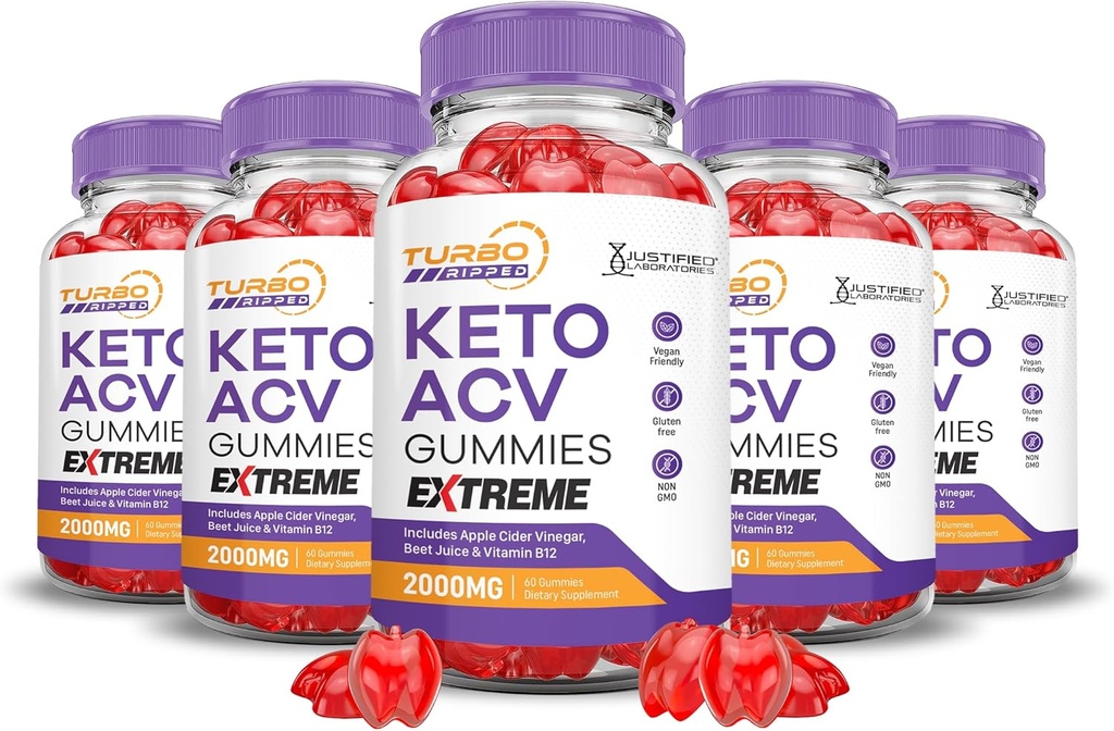 (5 balenie) Turbo Ripped Keto ACV Gummies Extreme 2000MG Turbo Ripped Keto Gummies Apple Cider Ocogar Formulated with Pomegranate Beet Juice Powder B12 Vegan Non GMO 300 Gummy