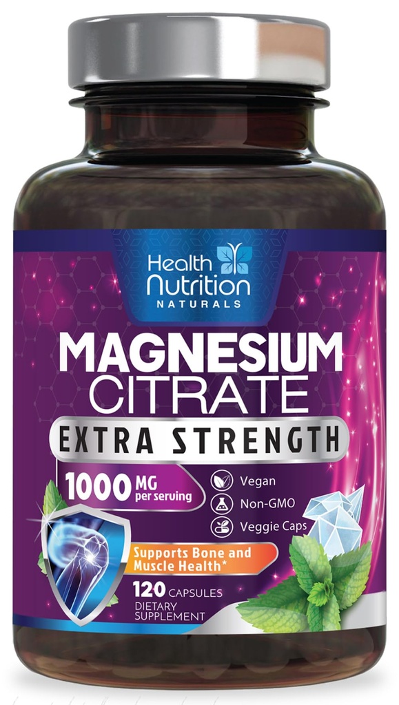 Magnézium Citrát kapsuly 1000 mg - Max Absorbcia Magnézium prášok na svalovinu, Nerve, Kosť a srdce Zdravie Podpora, Vysoká absorpcia Citrát komplex, Gluten bez, non-GMO - 120 Kapsule
