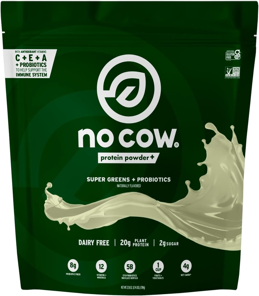 No Cow Plant-Based Protein Powder Plus, 20g Protein with 9 Essential Amino Acides & Super Greens, 5 miliárd CFU Probiotiká Bacillus Subtilis for Healthy Digestion, Perfect Breakfast Štart