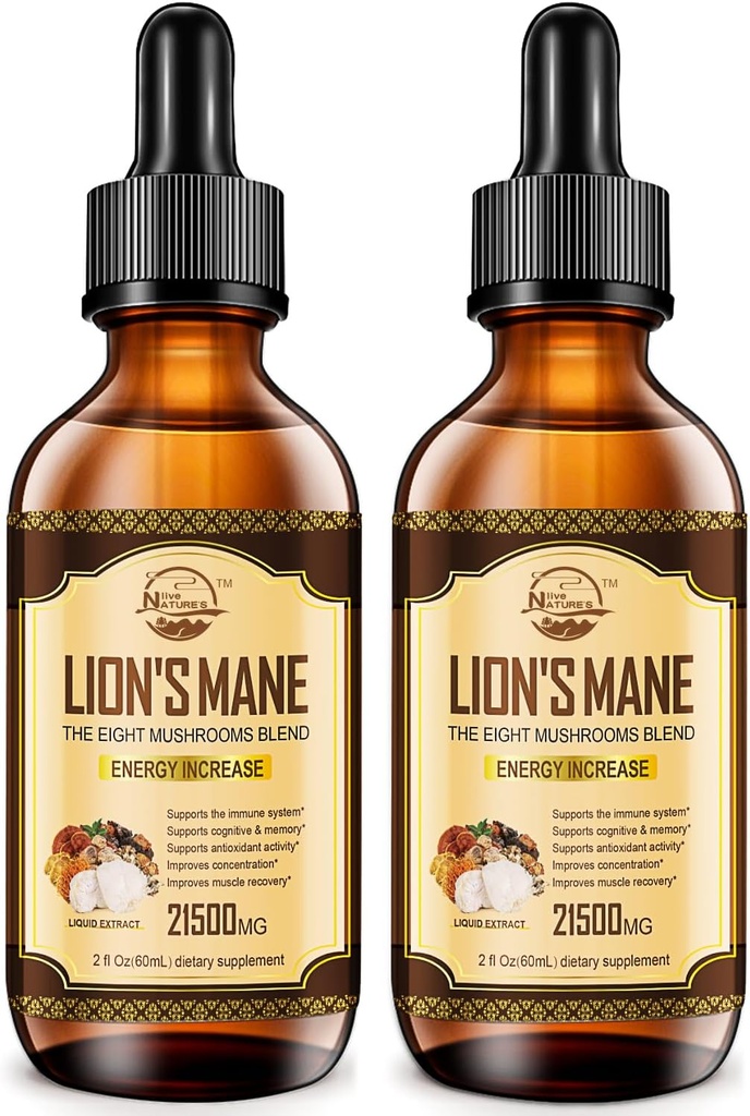 Živé Lions Mane Supplement, Liquid Huba extrakt kvapky, 8 Huby komplex pre imunitný systém, pamäť, Focus Boost, Huba Supplement with Lion's Mane, Cordyceps, Reishi, Vegan, 2 balenie