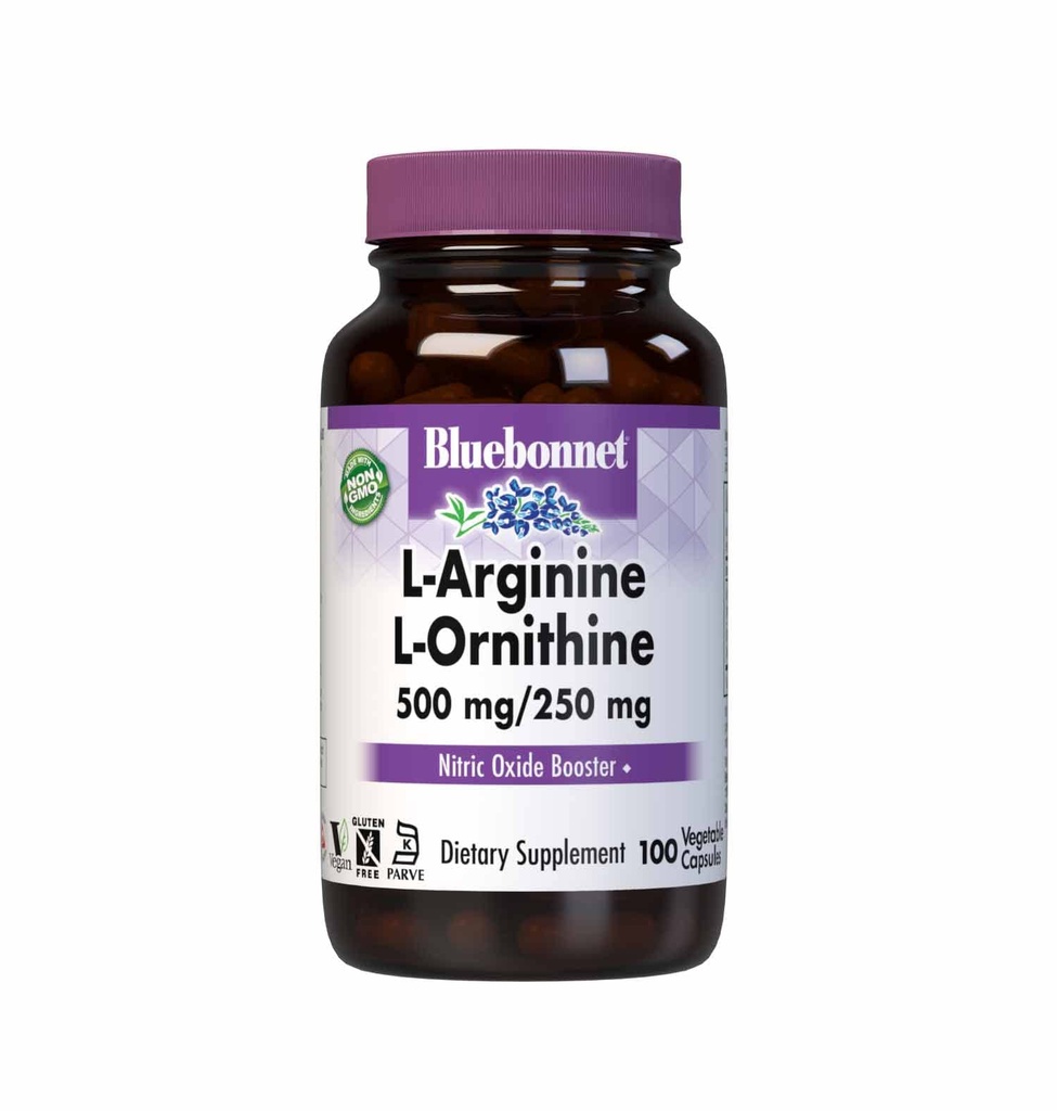Bluebonnet Nutrition L-arginín 500mg/L-Orinitín 250mg, podporuje metabolizmus proteínov*, bez sóje, bez lepidla, non-GMO, Kosher Certified, Vegan, 100 Rastlinné kapsuly