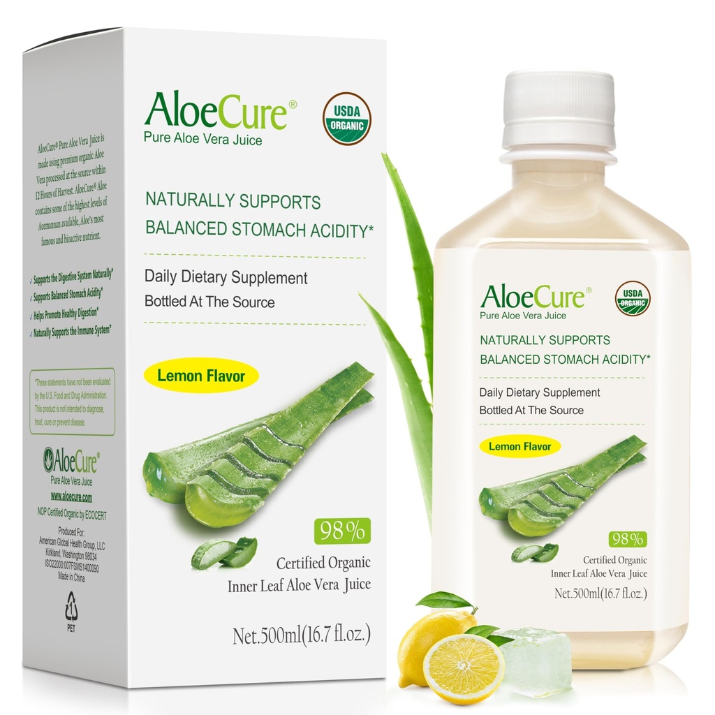 AloeCure USDA Organic Aloe Vera Juice Lemon Flavor - Vyrobené v priebehu 12 hodín žatvy - Prírodné trávenie doplnok pre vyváženú kyslosť žalúdka - Podpora Tráviace a imunitné zdravie - 1 Btl x 16.7oz