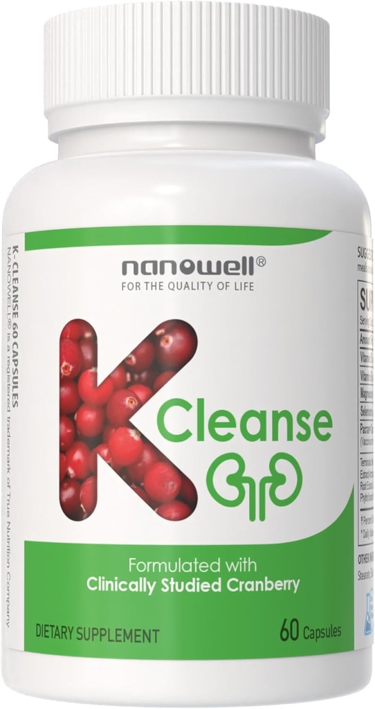NANOWELL K-Cleanse - Obličky Cleanse Supplement with Pacran Cranberry Extract, Magnézium, Selenium, Vitamíny B5 & B6-60 Kapsule, 30 Day Supply