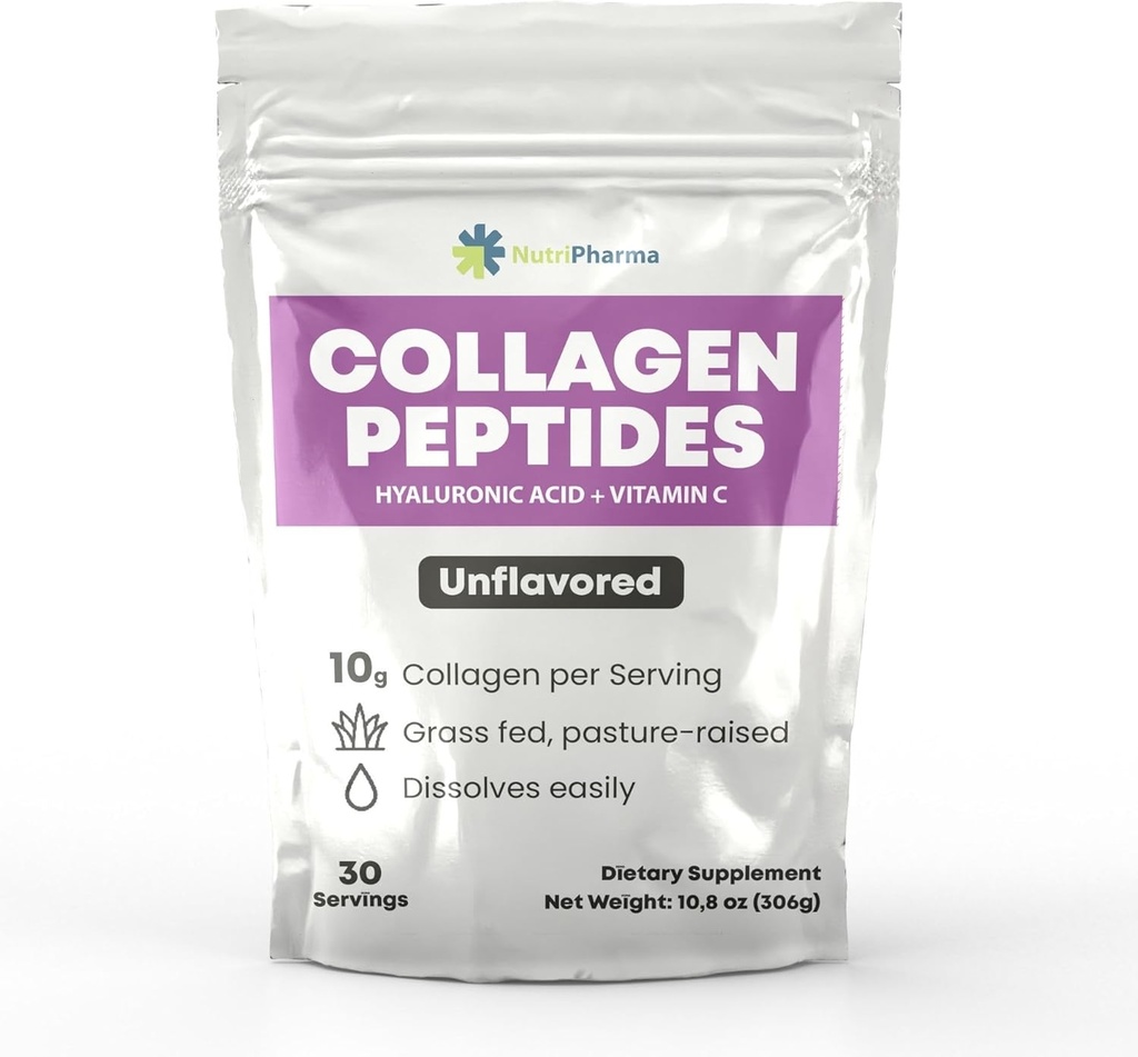 Kolagén Peptidy Prášok s kyselinou hyalurónovou a vitamínom C, podporuje vlasy, nechty, koža, kosti a spoločné zdravie, Neochutený kolagén Proteín prášok, 30 Servings, 10,8 oz