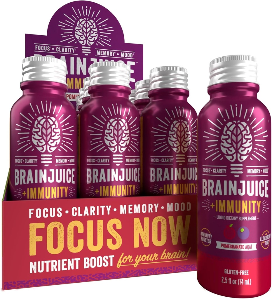 BrainJuice Brain and Immune Support Shot, Gluten Free Supplement Shots for Energy, Focus, Imunity with Vitamin D, C B, Alpha GPC & Organic Ginger Root, Pomegranate Acai, 2.5 fl oz, 12 Balenie