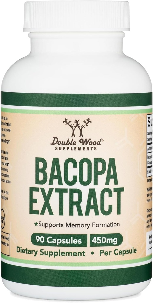 Bacopa Monnieri Kapsule 20% Bacosides 450mg, 90 Count (non-GMO, Gluten Free) Brahmi extrakt (Memory Supplement for Brain Health, Focus, and Cognitive Function) by Double Wood