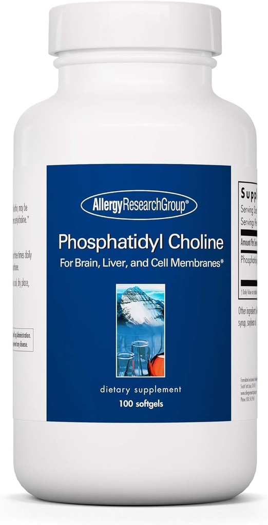 Allergy Research Group Fosfadityl Choline - Fosfaditylcholín Doplnky pre Zdravie mozgu a pečene, sójový lecitín extrakt pre Zaostrenie a pamäť, 385mg per capsule - 100 Softgels