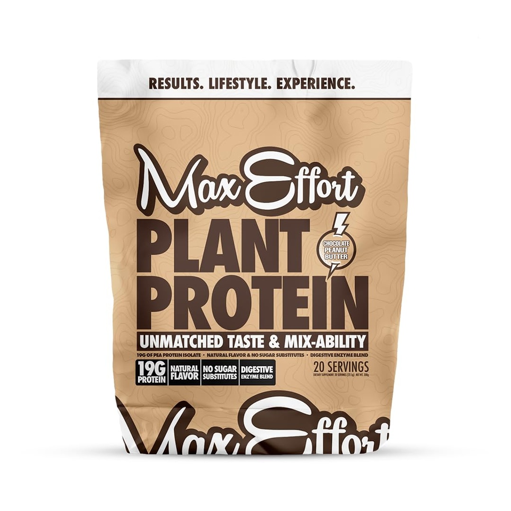 MAX EFFORT Plant Protein Powder, 19 G Pea Protein, Plant Based, Gluten Free, Low Carb, Protein Shake alebo Smoothie Mix, Nahradenie jedla, No Swhey, Žiadne náhrady cukru, Čokoládové arašidové maslo, 20 Srvg