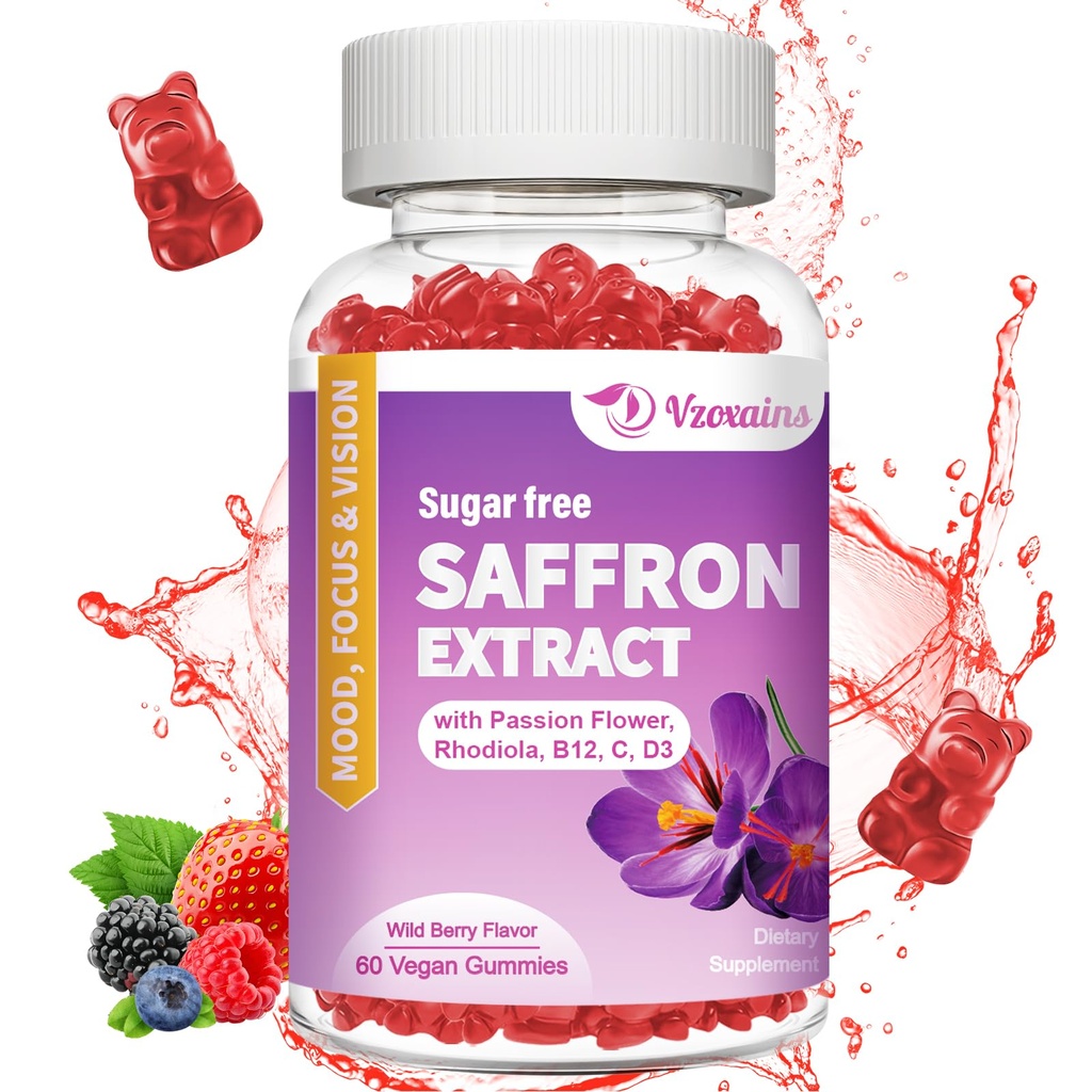 Šafranové Gummy, 10 v 1 Šafran Doplnky Gummy s horčíkom, Ashwagandha a Rhodiola Rosea, Sugar Free Vegan Mixed Berry Flavor - 60Cts