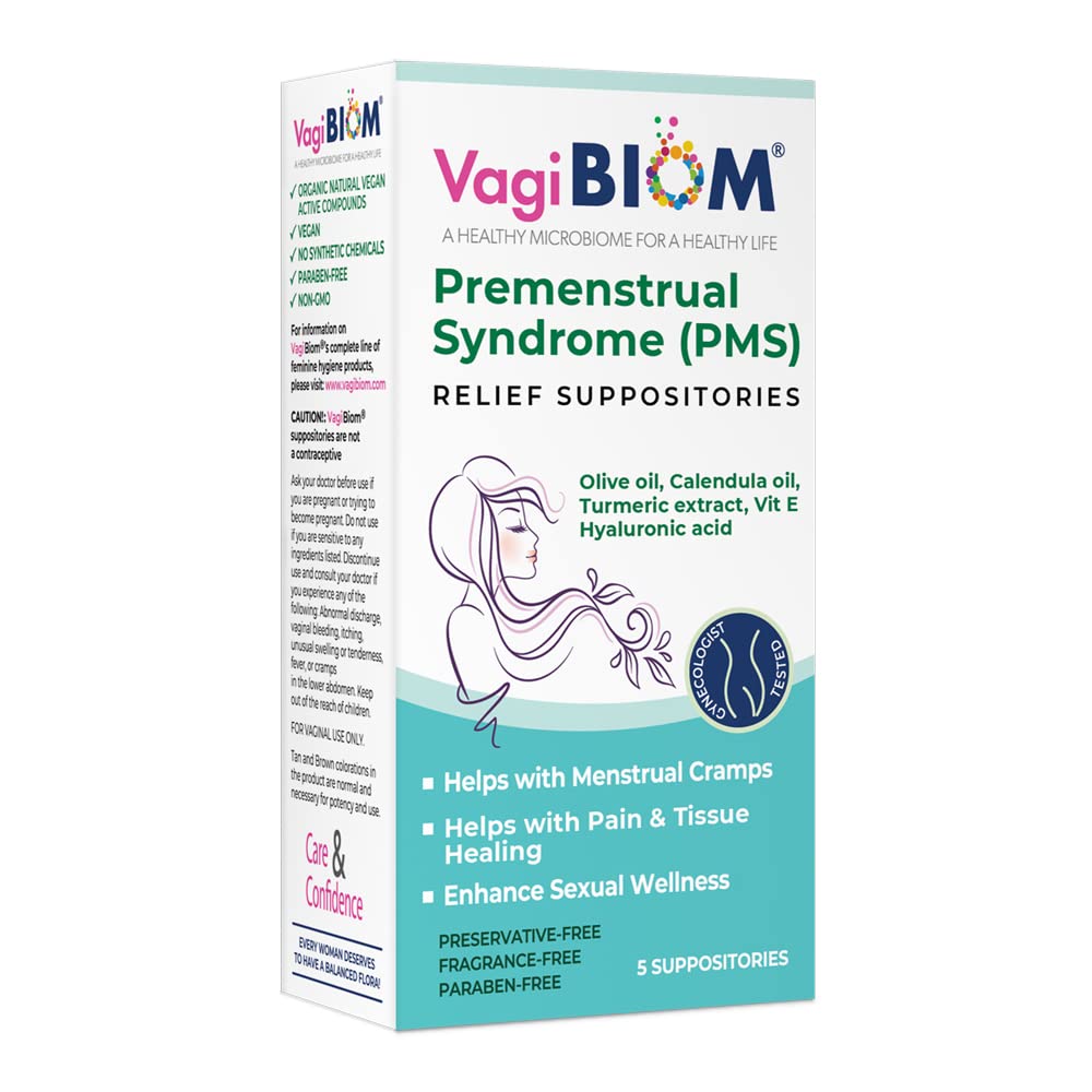 VagiBiom Menstrual Relief Suppository (5 domnienky) s Calendula Oil, Kakaové maslo, Turmerica a VIT E, ktorý pomáha s periodicitou Cramp, Mood Swings. Liečenie tkanív. USA Made, Vegan, Hormone-Free