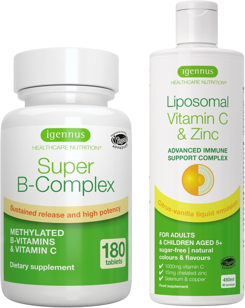 Super B- Complex + Lipozomálny vitamín C 1000 mg & Zinc Vegan Bulle, Metylated Trvalo uvoľňovaný B komplex a vysoká absorpcia Tekutý imunitný podporný komplex, Igennus