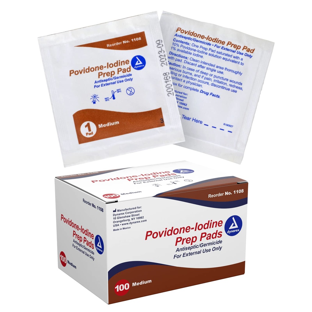 Dynarex Povidón-Iodine Prep Pads, Saturated with Povidón Iodine 10%, Medical-Grade Antiseptic Wipes Used for Prepping Prior Minor Procedures, Medium, 1 Case of 100 Prep Pads