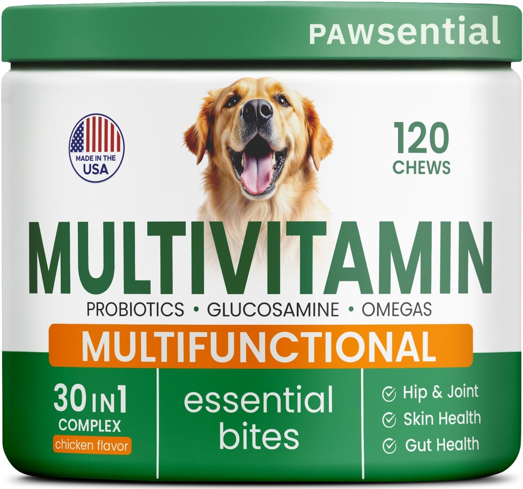 Vitamíny pre psov + glukozamín - chuťové multivitamíny + probiotiká, Omega - Hip & Joint Support, Skin & Coat, Gut Health - Adult & Senior - Large & Small Plemeno - 120 Žuvačky