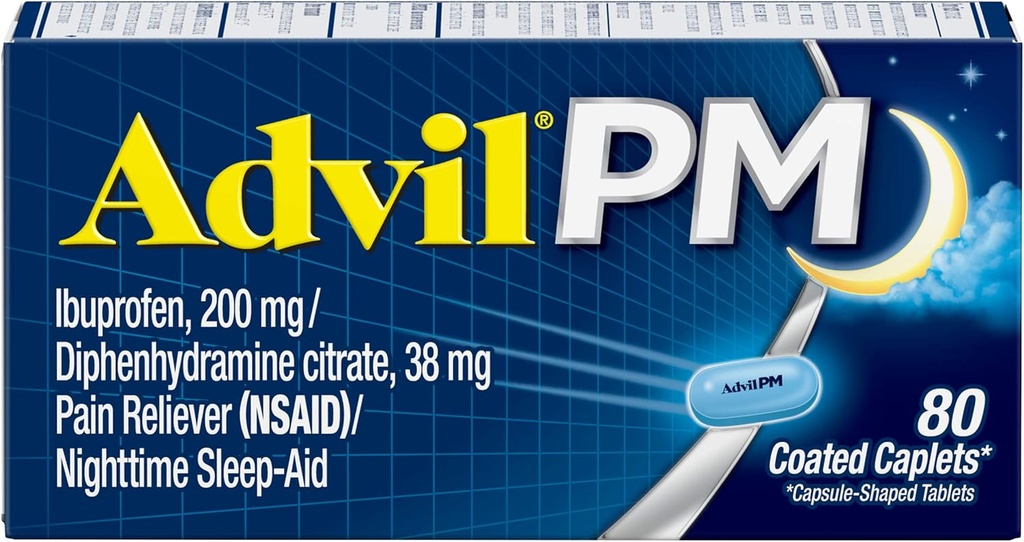 Advil PM Bolesť Reliever a Nočný spánok Pomoc, Bolesť Medicína s Ibuprofen pre úľavu od bolesti a difenhydramín Citrát pre pomoc pri spánku - 80 Počet (Pack of 2)