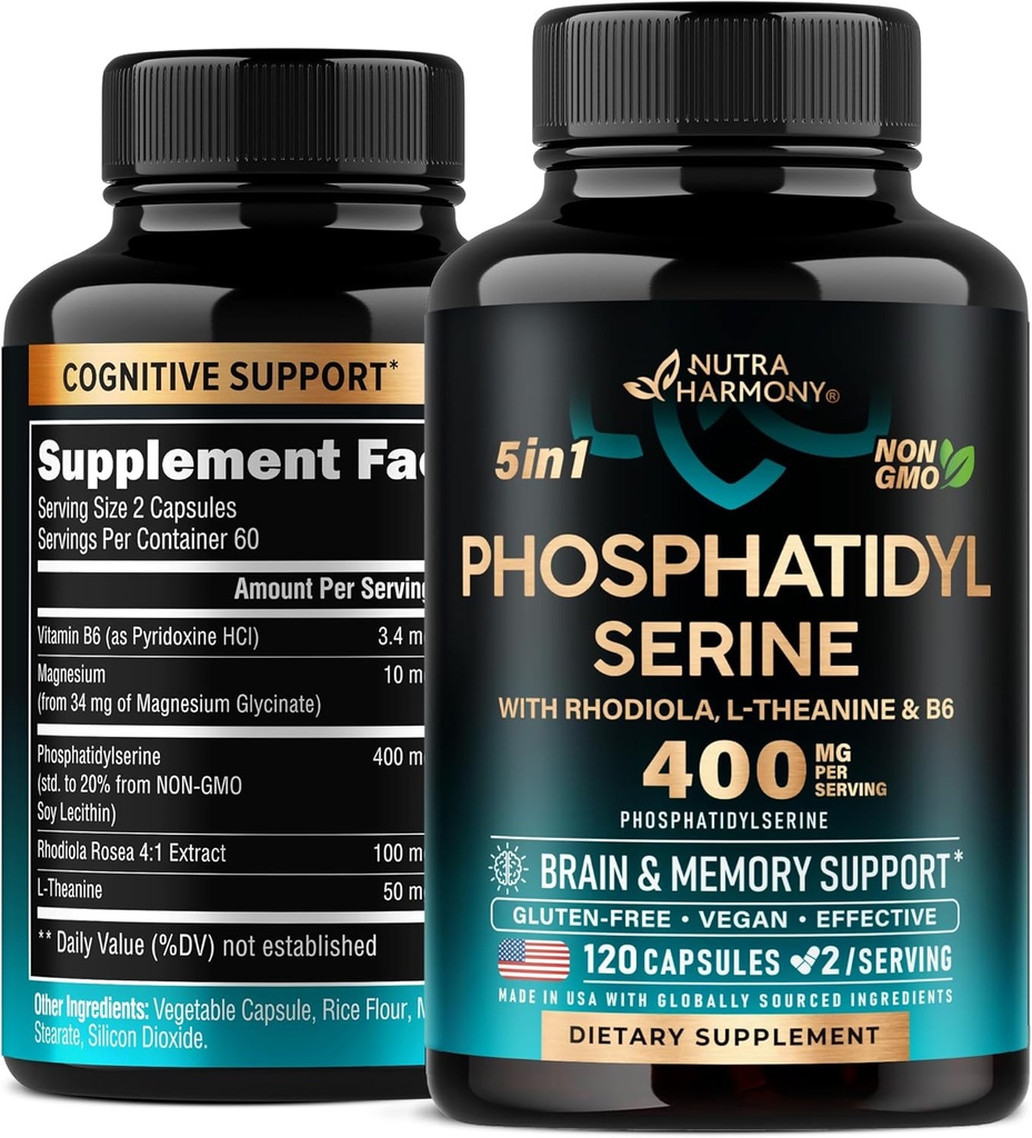 Fosfatidylserín 400 mg s L-teanínom, horčíkom a vitamínom B6, Rhodiola Rosea - Podpora mozgu, pamäte a zaostrenia - Certified Non-GMO, prirodzene odvodené a biologicky dostupné - Made in USA - 120 Сapsules