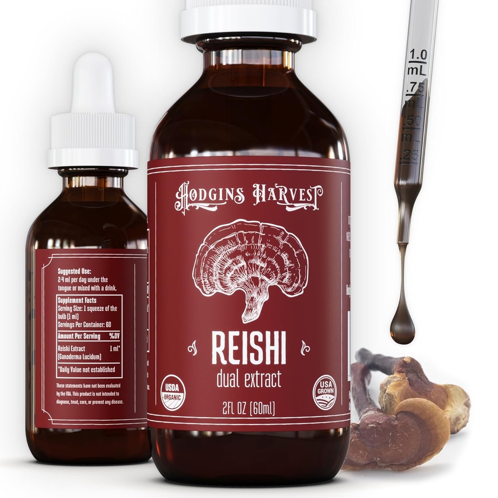 Hodgins Harvest Organic Reishi Huba ovocné telo extrakt Tinture - Extra Concentrated Dual Extract Supplement - Podporuje zdravie srdca a wellness - USDA Organic Huby - 2 oz