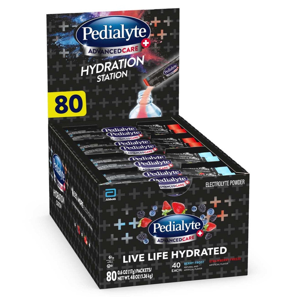 Pedialyte AdvancedCare Plus Powder Electrolyte, má 33% viac elektrolytov a PreActiv Prebiotiká, hydratačné stanice odrody, 80 práškové pakety