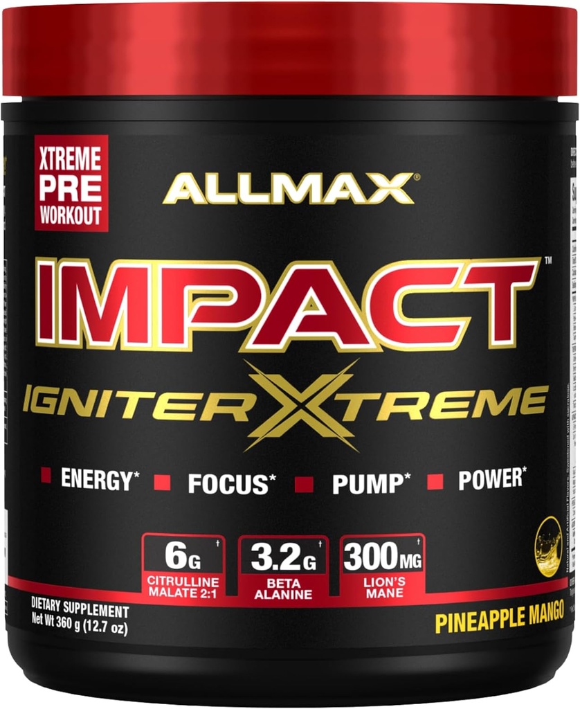 ALMMAX Nutrition - Impact Igniter Extreme Pre Cvičenie Powder - s Citruline Malate, Beta - Alanín, kofeín, taurín a bezvodý betaín (Pineapple Mango)