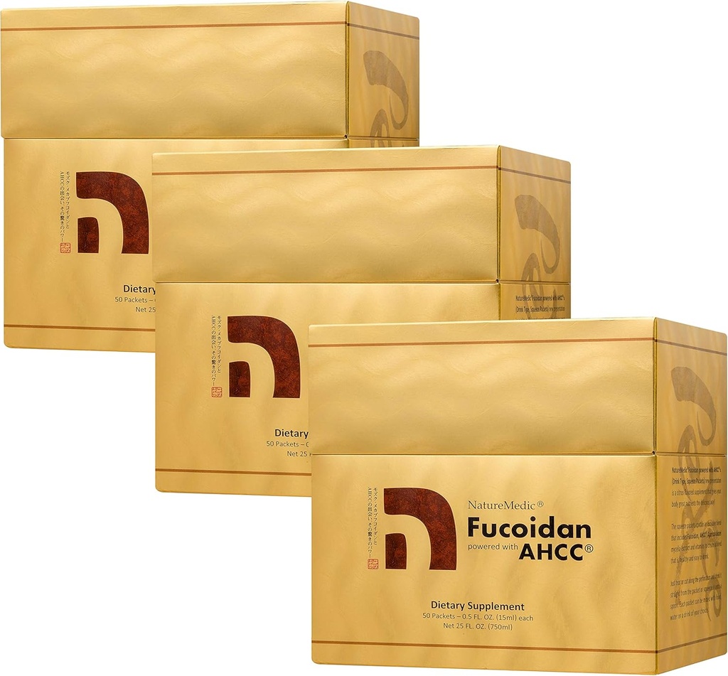 Fucoidan Powered with AHCC® Brown Seaweed Imunity Supplement with High Purity Organic Mekabu Mozuku Agaricus 50 Concentrated Liquid Extract Pakets/Box Made in Japan (3 Boxy)