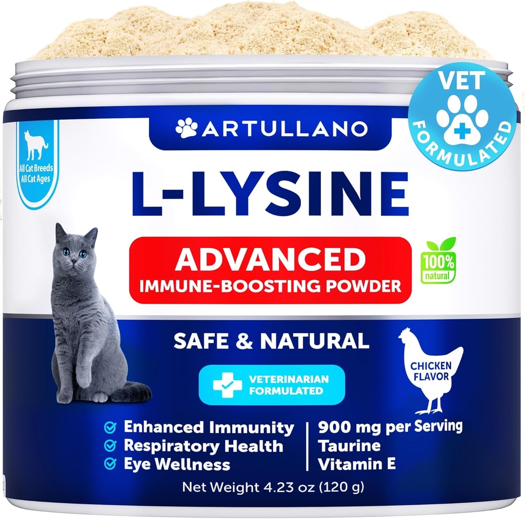 L-lyzín pre mačky - Lyzínový prášok doplnok - 900 mg/serving - Imunitná podpora pre mačky a mačky Kittens - Kýchanie, Runny nos, Dlažba, Vodnaté oči, Chladné, Očné funkcie, Respiračné zdravie - s taurín