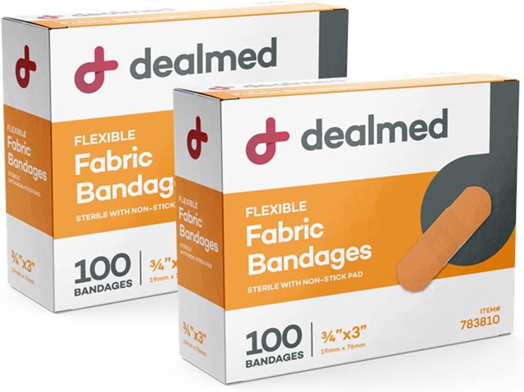 Dealmed Fabric Flexible Lepiace pásy 100 Gróf (2 balenia) Pásky s non-Stick Pad, Latex Free, Wound Care for First Aid Kit, 3" x 3/4"