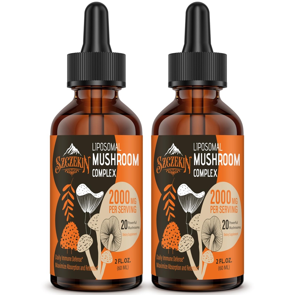 Lipozomálny Mushrom Complex kvapky 2000 MG - 20 Organické Hubové extrakty - Advanced Liquid Formula pre imunitu, kognitívne a pamäť - Lions Mane Supplement, Reishi, Cordyceps, Chaga, 60 Slúži