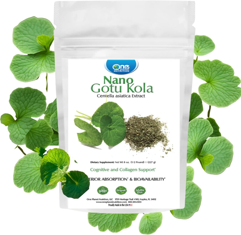 One Planet Nutrition Nano Gotu Kola Powder 8 oz (227 Servings), Gotu Kola Extract, Nano pre zvýšenú absorpciu, zvyšuje funkciu mozgu a kolagénovú syntézu, non-GMO, Vegan, Gluten-free